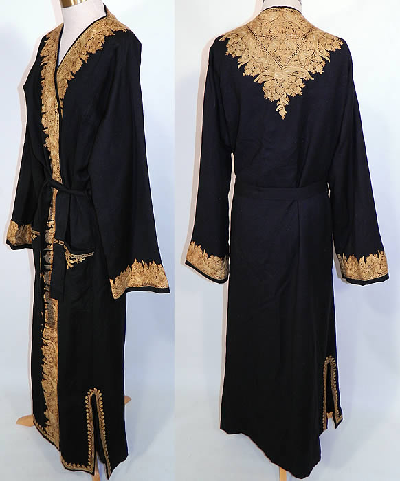 Vintage Paisley Chain Stitch Crewel Work Embroidery Black Wool Belted Robe Coat. The robe measures 54 inches long, with 44 inch hips, a 42 inch waist, 44 inch bust and 25 inch long sleeves. 