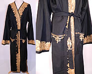 Vintage Paisley Chain Stitch Crewel Work Embroidery Black Wool Belted Robe Coat