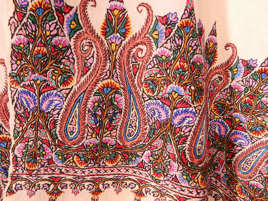 Vintage Colorful Crewelwork Embroidery Paisley Pashmina  Wool Wrap Shawl Scarf. There is a decorative wool fringed trim border edging the two ends. This vintage colorful crewelwork embroidery paisley pashmina wool wrap shawl scarf dates from the 1950s.