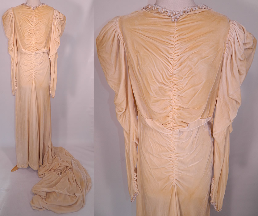 Vintage Pearl Beaded Cream Silk Velvet Bias Cut  Wedding Gown Dress Long Train Skirt. This vintage pearl beaded cream silk velvet bias cut wedding gown dress long train skirt dates from the 1930s. It is made of a luxurious off white cream color silk velvet fabric, with gathers and tiny seed pearls, white beading around the neckline & sleeve cuffs. 