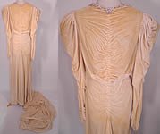 Vintage Pearl Beaded Cream Silk Velvet Bias Cut Wedding Gown Dress Long Train Skirt