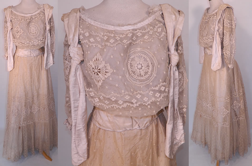 Edwardian Embroidered Polka Dot Cream Net Lace Wedding Dress Blouse Skirt. This vintage Edwardian era embroidered polka dot cream net lace wedding dress, blouse and skirt dates from 1905. It is made of an off white cream color sheer net fabric with embroidered polka dots, flowers and scalloped edging.