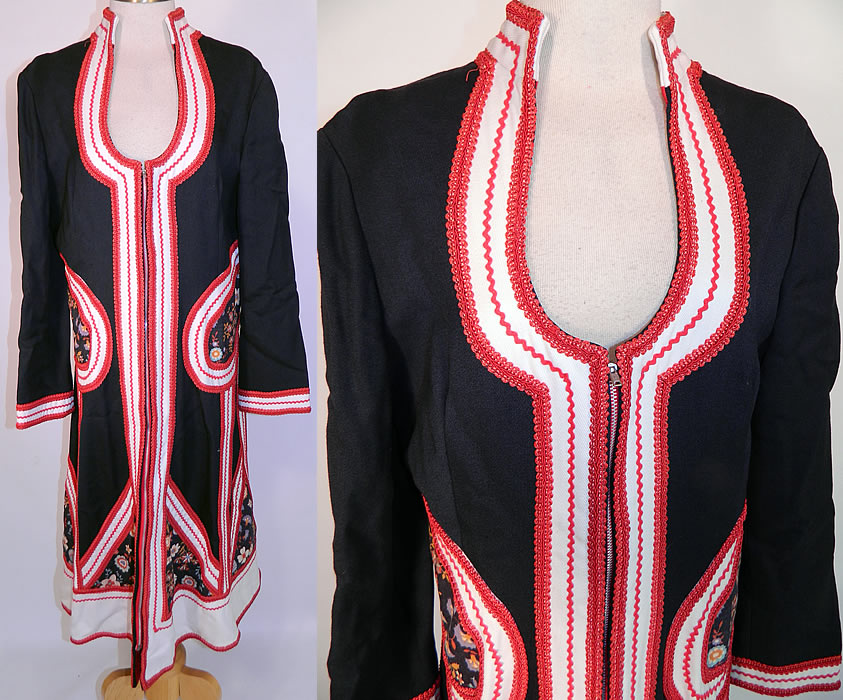 Vintage Malcolm Starr International Designed By Rizkallah Applique Coat Dress. This vintage Malcolm Starr International Designed by Rizkallah applique coat dress dates from the 1970s. It is made of a black heavy quality cotton gabardine fabric, with colorful floral print and white applique work and red rickrack trim accents creating unique detailing designs.