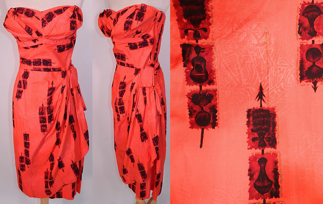Vintage Hale Hawaii Red Hawaiian Tapa Print Cotton Sarong Dress Stole Wrap Shawl. This retro Hawaiian sexy sarong style strapless wiggle dress is form fitting, with a wrap side tie skirt, elastic stretch gathering along the sides and a back zipper closure. 