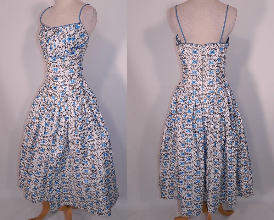 Vintage Blue Butterfly Papillon Print Cotton Circle Skirt Summer Sun Dress. vIt is in excellent condition. This is truly a wonderful piece of wearable art.