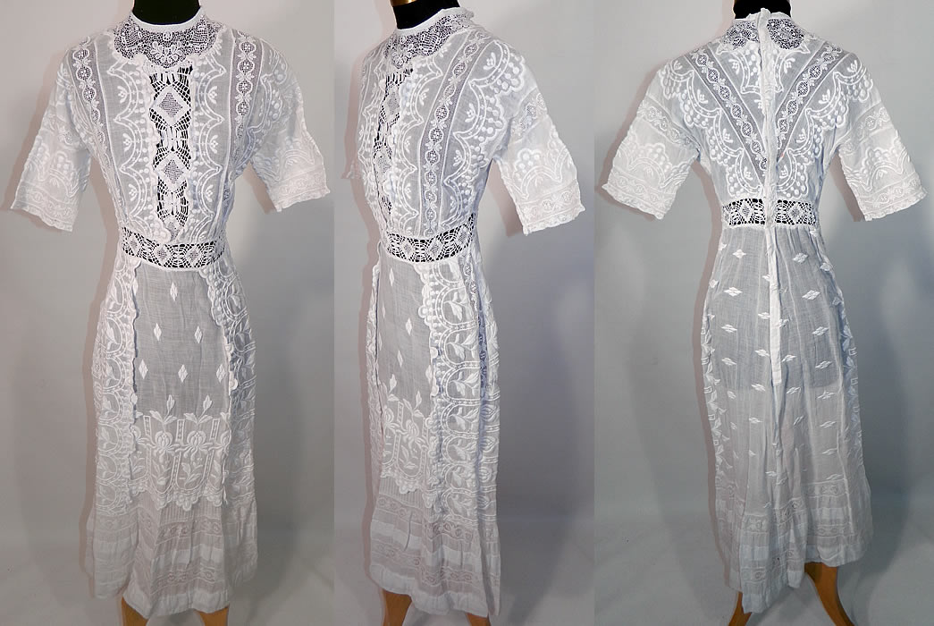 Edwardian Embroidered White Cotton Batiste Lace Graduation Wedding Dress. This vintage Edwardian era embroidered white cotton batiste lace graduation wedding dress dates from 1910. 