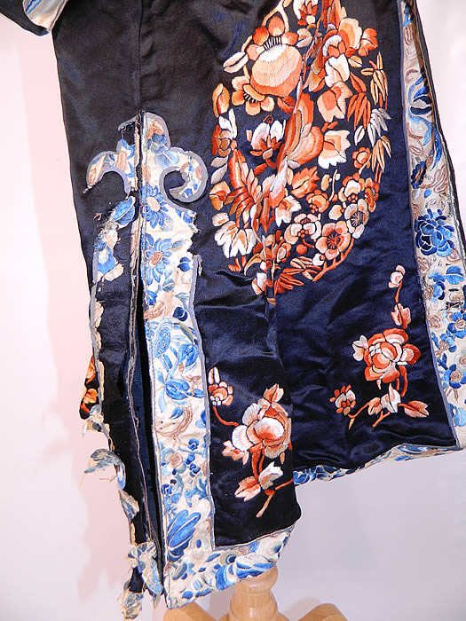 Antique Chinese Silk Embroidered Peach Peony Flower Sleeve Band Cuff Robe Coat.It is made of a black silk  fabric, with orange silk raised padded satin stitch hand embroidery work of peaches and peony flowers with roundel medallions. 
