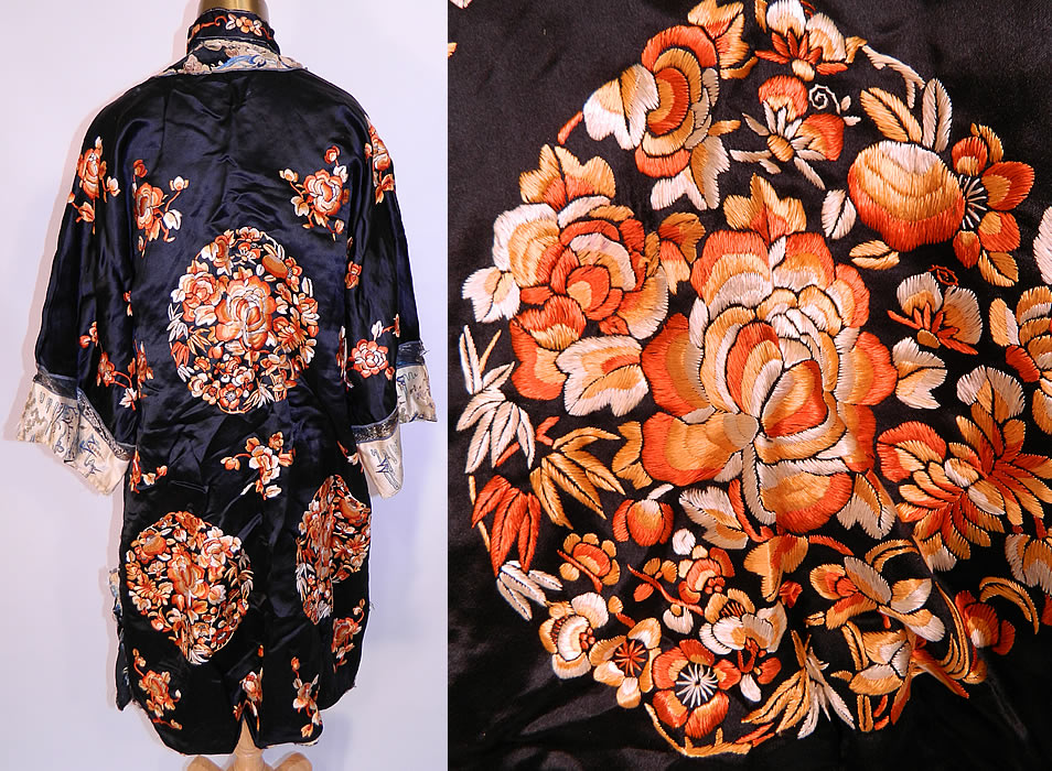 Antique Chinese Silk Embroidered Peach Peony Flower Sleeve Band Cuff Robe Coat. There is silk embroidered trim edging and  wide white silk sleeve band cuffs with Peking knot forbidden stitch embroidery work garden scenes and gold metallic couching work outlines. 