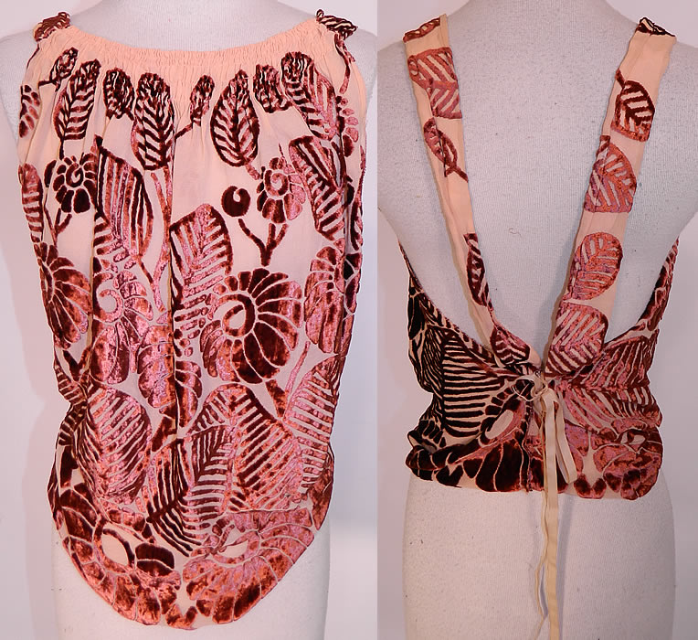 Vintage Pink Silk Burgundy Burnout Voided Velvet Art Deco Flapper Blouse Top. This vintage Art Deco pink silk burgundy burnout voided velvet flapper blouse top dates from the 1920s. It is made of a unique textured sheer pink silk chiffon and dark red burgundy color burnout voided cut velvet fabric, with an Art Deco abstract floral leaf design pattern.
