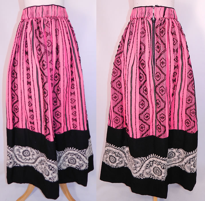 Vintage European  Embroidered Woven Wool Pink Hearts Boho Maxi Skirt Folk Costume. This vintage European embroidered woven wool pink hearts boho maxi skirt folk costume dates from the 1960s. 