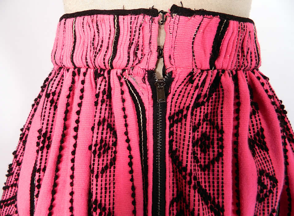 Vintage European  Embroidered Woven Wool Pink Hearts Boho Maxi Skirt Folk Costume. This beautiful boho European folk costume maxi skirt is a long floor length, with a full bottom, fitted waistband with pleated gathering, a back zipper hook closure and lined bottom hem.