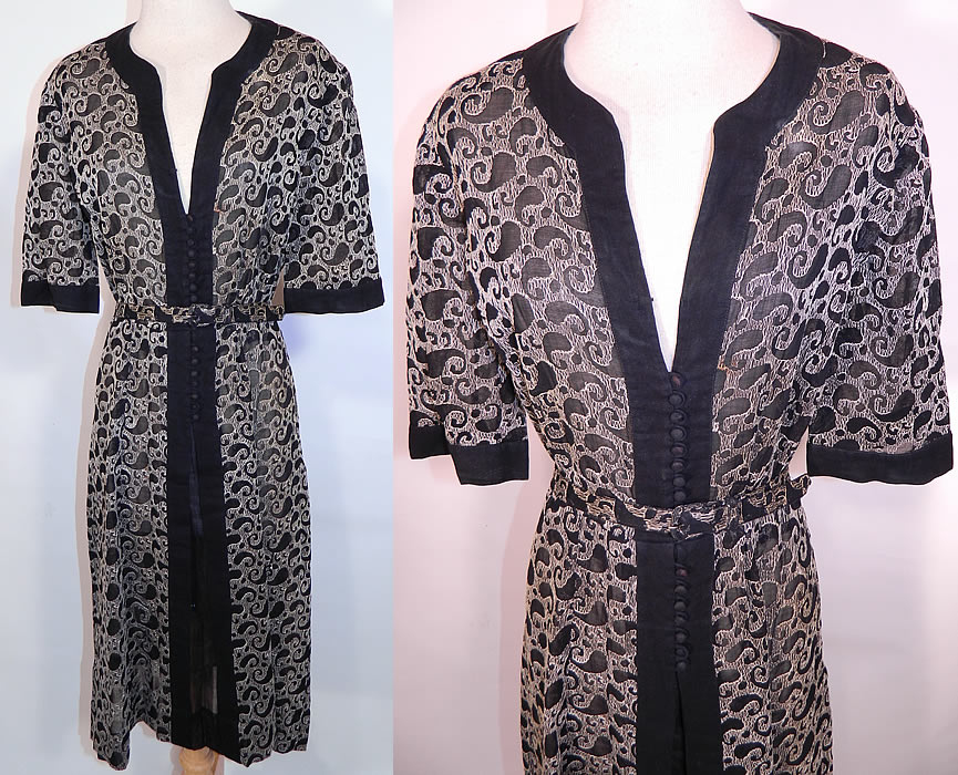 Vintage Black & White Cotton  Embroidered Stitching Paisley Boteh Belted Swing Dress. This vintage black and white cotton embroidered stitching paisley boteh belted swing dress dates from the late 1930s. It is made of a black sheer cotton fabric, with white raised stitching soutache embroidery work done in a paisley boteh tear drop and polka dot design.