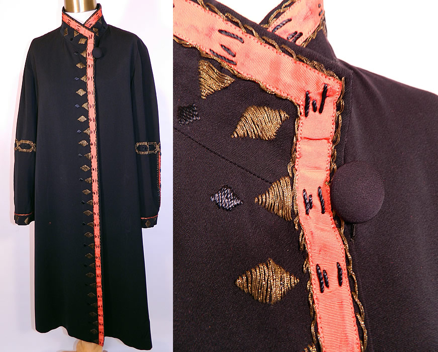 Vintage Art Deco Navy Blue Wool Gabardine Gold Lam&eacute; Embroidered Flapper Coat. This amazing antique Art Deco navy blue wool gabardine gold lam&eacute; embroidered flapper coat jacket dates from the 1920s. It is made of a dark navy blue wool gabardine fabric, with coral red silk grosgrain ribbon trim edging, gold metallic lam&eacute; and black silk embroidery work done in decorative diamond geometric Art Deco designs.