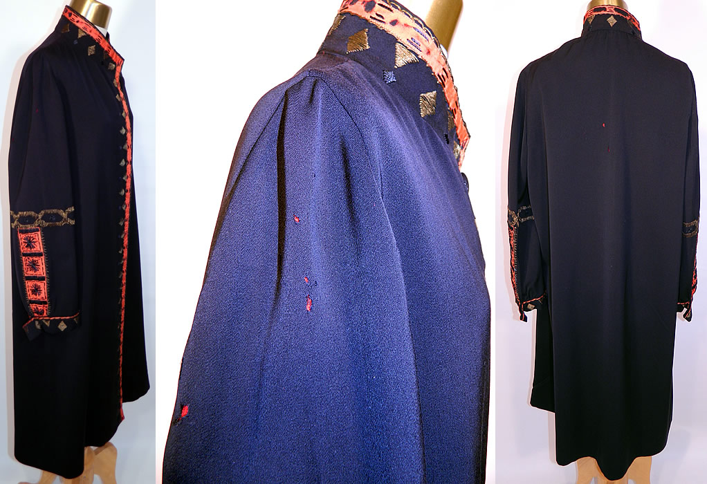 Vintage Art Deco Navy Blue Wool Gabardine Gold Lam&eacute; Embroidered Flapper Coat. 