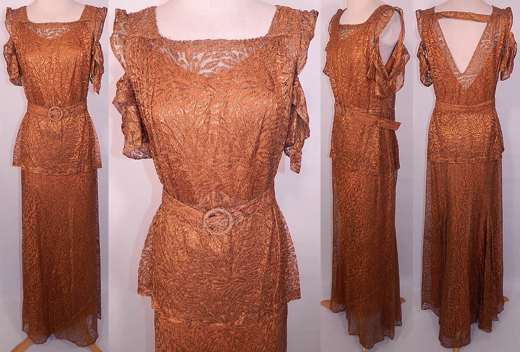 Vintage Copper Lam&eacute; Lace Belted Peplum Evening Gown Dress & Slip. This exceptional vintage copper lam&eacute; lace belted peplum evening gown dress and slip dates from the 1930s. It is made of a copper color metallic lam&eacute; lace fabric, with a floral leaf pattern design.