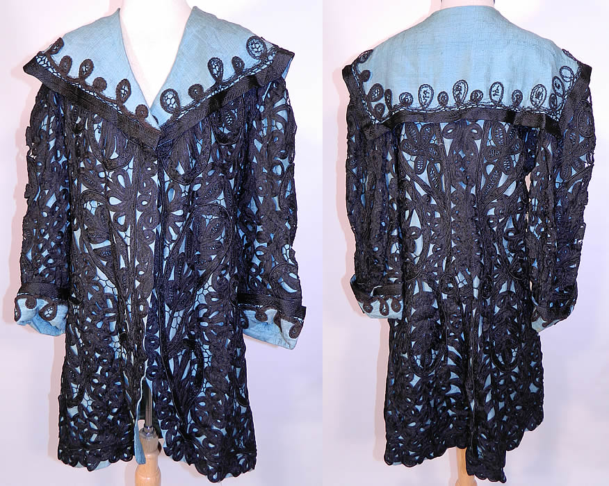 Edwardian Turquoise Blue & Black Silk Battenburg Tape Lace Coat Jacket. This exquisite Edwardian era antique turquoise blue and black silk Battenburg tape lace coat jacket dates from 1910. It is made of a turquoise blue raw silk fabric lining, with a black silk Battenburg tape lace overlay.