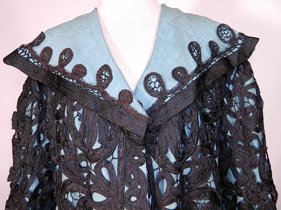 Edwardian Turquoise Blue & Black Silk Battenburg Tape Lace Coat Jacket. This lovely lace loose fitting coat jacket has a long mid length swing style, with an open front, no closure, a wide shawl style sailor collar with black silk soutache embroidery work trim, long full sleeves with rolled cuffs and is fully lined...