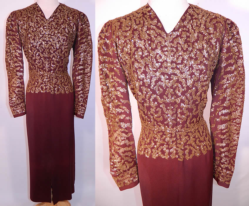 Vintage Brown Silk Crepe Copper Gold Sequin Beaded Evening Gown Dress. 