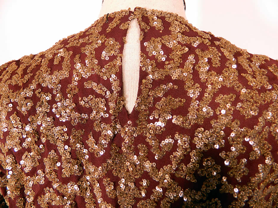 Vintage Brown Silk Crepe Copper Gold Sequin Beaded Evening Gown Dress. 