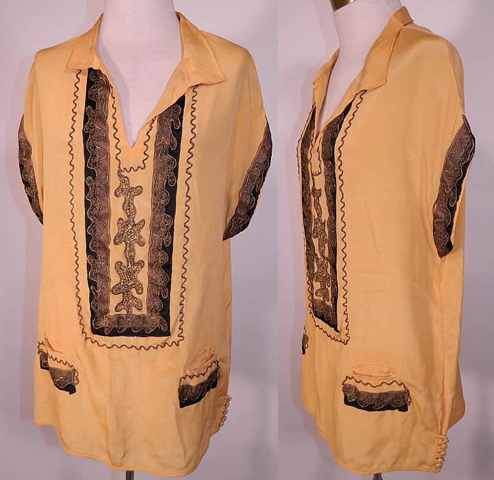 Vintage Art Deco Yellow Silk Black Applique Gold Lamd Lam&eacute; Embroidered Flapper Blouse. This vintage Art Deco yellow silk, black applique gold lam&eacute; embroidered flapper blouse dates from the 1920s.