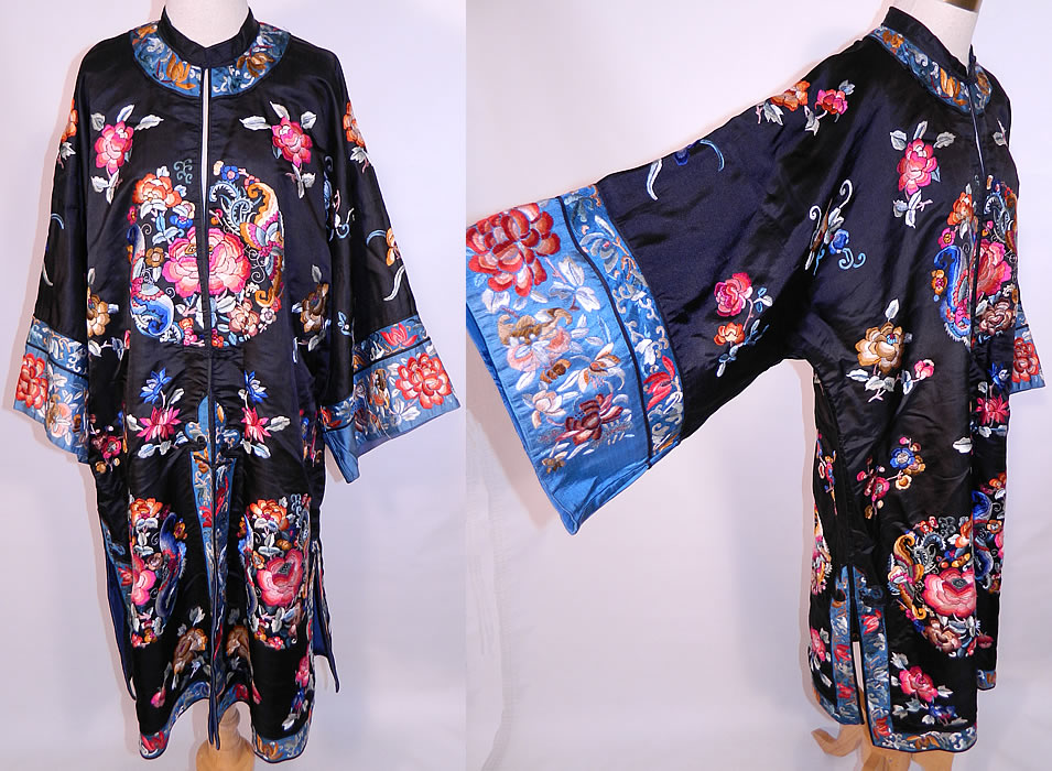 Antique Chinese Silk Embroidered Butterfly Endless Knot Peony Flower Robe Coat. This antique Chinese silk embroidered butterfly, endless knot, peony flower robe coat dates from the 1920s. 