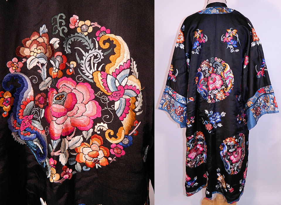 Antique Chinese Silk Embroidered Butterfly Endless Knot Peony Flower Robe Coat. It is made of a black silk fabric, with colorful silk raised padded satin stitch hand embroidery work of butterflies, peony flowers which are symbols of of love and affection, representative of good luck and the endless knot a symbol of longevity and eternity. 