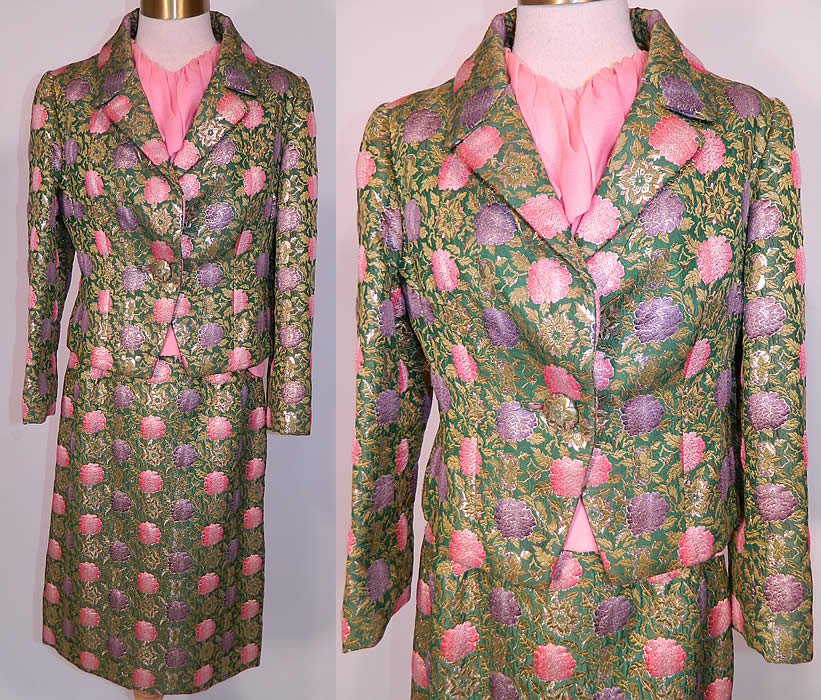 Vintage Christian Dior Floral Lame Lam&eacute; Suit Jacket Skirt & Pink Silk Blouse. This amazing vintage Christian Dior floral lam&eacute; suit jacket skirt and pink silk blouse dates from the 1960s. It is made of a green, pink, purple floral gold lam&eacute; silk damask brocade fabric, with a peony, pomegranate Chinese Asian inspired pattern design. 