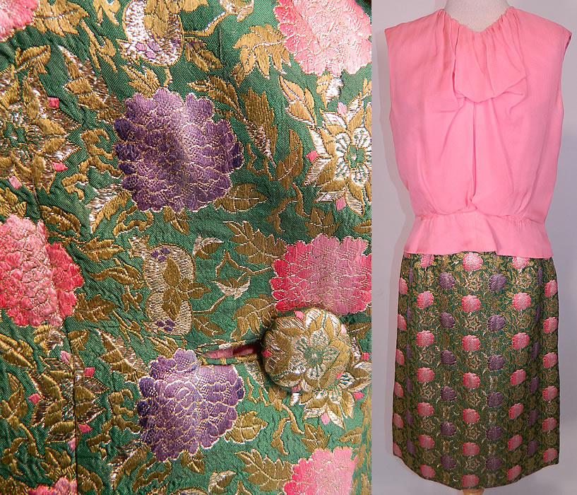 Vintage Christian Dior Floral Lame Lam&eacute; Suit Jacket Skirt & Pink Silk Blouse. This fabulous designer suit  has a  tailored jacket, with fold over collar lapel, long sleeves, a single brocade fabric button closure and is fully lined. 