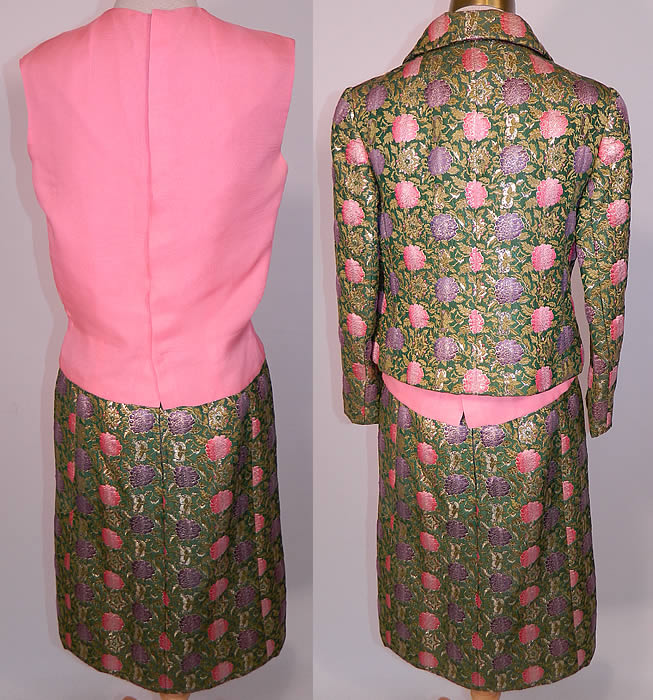 Vintage Christian Dior Floral Lame Lam&eacute; Suit Jacket Skirt & Pink Silk Blouse. The jacket measures 17 inches long, with  a 34 inch waist, 34 inch bust, 13 1/2 inch back and 20 inch long sleeves. There is a matching fabric skirt, fully lined, with a back zipper closure. 
