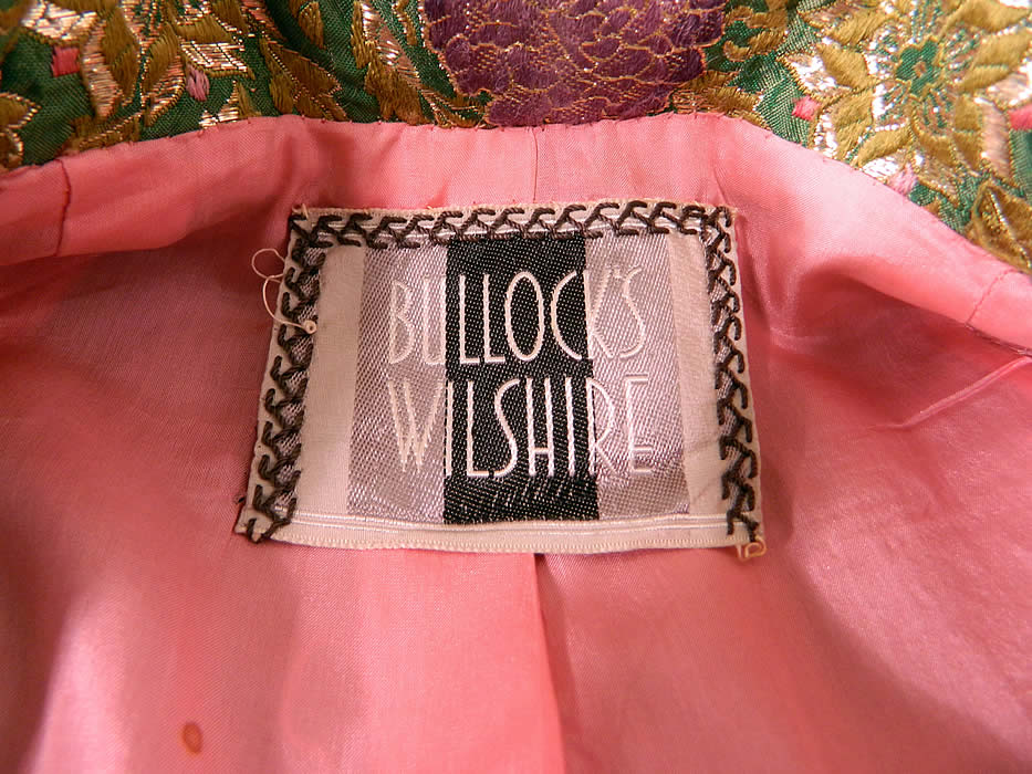 Vintage Christian Dior Floral Lame Lam&eacute; Suit Jacket Skirt & Pink Silk Blouse. The skirt measures 24 inches long, with 34 inch hips and a 26 inch waist. Included is a pink silk sleeveless blouse with a gathered drape front neckline, fitted waist, fully lined, with snap closures down the back and has a "Bullock's Wilshire" label, size 8 tag sewn inside. The blouse measures 18 inches long, with a 28 inch waist and 34 inch bust. 