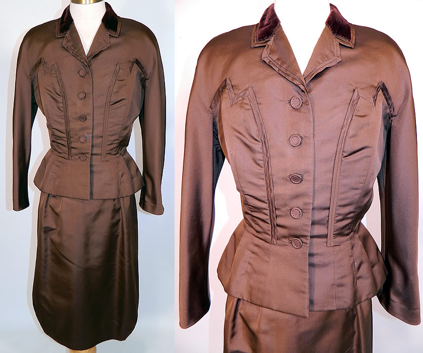 Vintage Hattie Carnegie Chocolate Brown Grosgrain Silk Suit Jacket & Dress. This vintage Hattie Carnegie chocolate brown grosgrain silk suit jacket and dress dates from the 1940s. It is made of a chocolate brown heavy ribbed textured grosgrain silk fabric. This gorgeous designer two piece outfit has a dress, with a rounded scoop neckline, short cap sleeves, applique trim on the front, around the fitted waist, a mid length skirt, side zipper closure and is unlined.