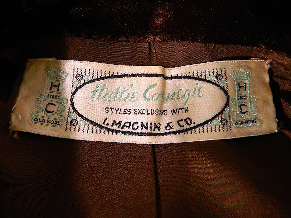 Vintage Hattie Carnegie Chocolate Brown Grosgrain Silk Suit Jacket & Dress. The jacket measures 21 inches long, with a 30 inch waist, 36 inch bust, 15 inch back and 20 inch long sleeves. There is a "Hattie Carnegie Styles Exclusive With I. Magnin Co." designer label sewn inside. 