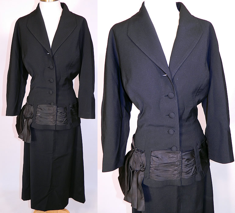 Vintage Black Wool Gabardine Ribbon Trim Sash Suit Jacket & Skirt. This vintage black wool gabardine ribbon trim sash suit jacket and skirt dates from 1938. It is made of a black wool gabardine fabric, with a heavy black silk grosgrain ribbon trim sash woven around the waist.