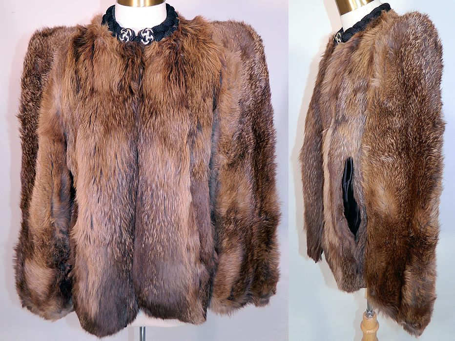 Vintage Muskrat Fur Black Satin Lined Broad Shoulder Winter Coat Jacket. This vintage muskrat fur black satin lined broad shoulder winter coat jacket dates from the 1940s. It is made of a soft supple dense muskrat fur with shades of brown, lighter shades of gray and blonde.