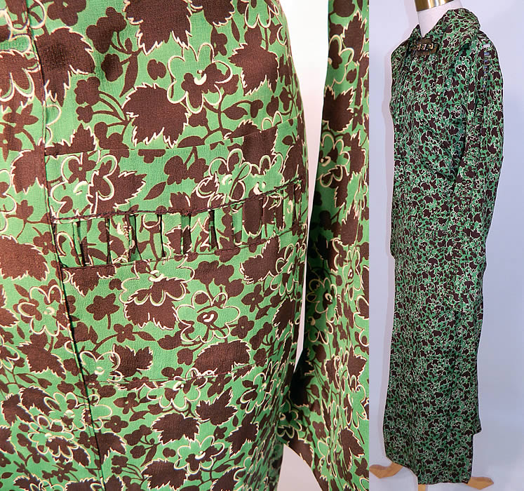 Vintage Green & Brown Grape Leaf Floral Print Silk  Day Dress Jeweled Necklace Trim. This amazing unique delightful day dress has a draping front collar, long full sleeves with lattice open cut work trim going down the shoulders to the flared cuffs, lattice trim front hip pockets, a long mid length skirt, fabric covered buttons on the back neck and side snap closures. 