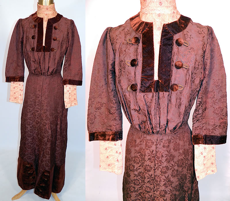 Edwardian Brown Silk Damask Floral Brocade Embroidered Lace High Collar Dress Gown. This antique Edwardian era brown silk damask floral brocade embroidered lace high collar dress gown dates from 1910. 