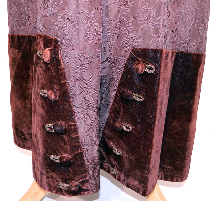 Edwardian Brown Silk Damask Floral Brocade Embroidered Lace High Collar Dress Gown. The dress measures 56 inches long, with 36 inch hips, a 23 inch waist, 34 inch bust and 12 inch back. 