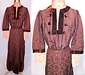Edwardian Brown Silk Damask Floral Brocade Embroidered Lace High Collar Dress Gown
