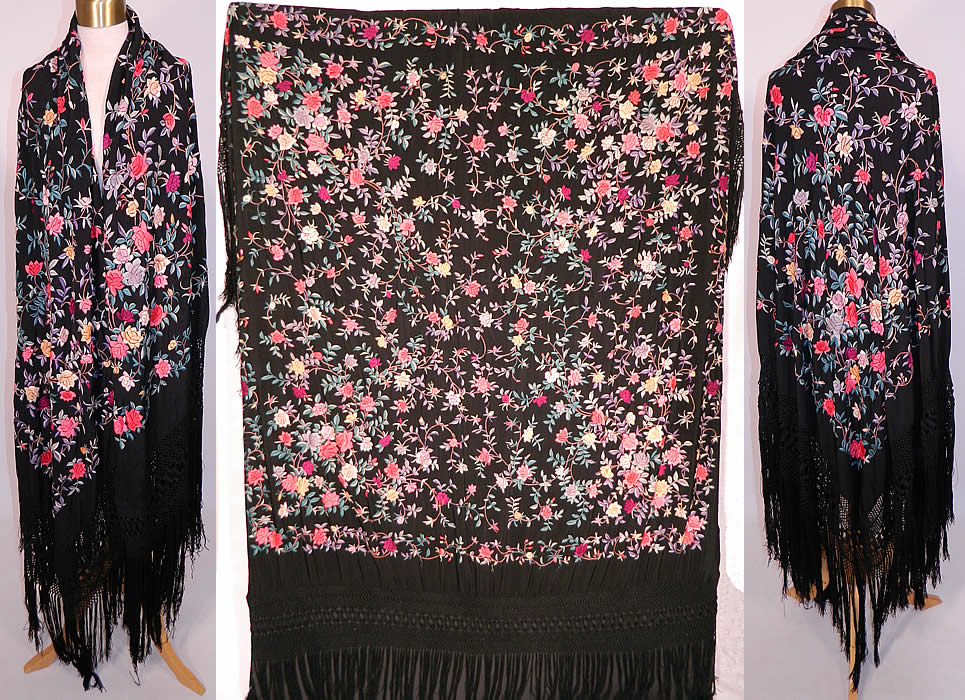 Antique Black Silk Floral Roses Pastel Embroidered Canton Piano Shawl. This antique black silk floral roses pastel embroidered Canton piano shawl dates from the 1920s. It is hand stitched and made of a black silk fabric background with colorful pastel silk raised padded satin stitch hand embroidery work.