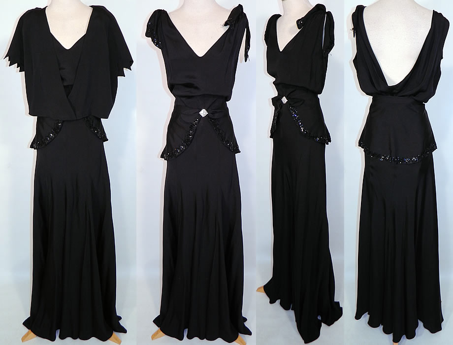 Vintage Black Silk Crepe Belted Peplum Skirt Bolero Jacket Bias Cut Dress Evening Gown. This exceptional vintage black silk crepe belted peplum skirt bolero jacket bias cut dress evening gown dates from the late 1930s. It is made of a black silk crepe fabric, with black sequin trim on the shoulder straps and peplum skirt accent.