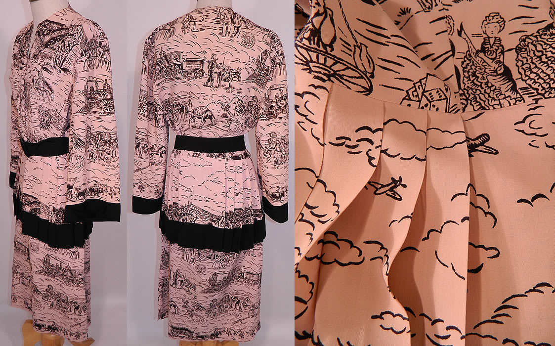 Vintage Miss Hollywood Jr Filmland Creation Western Novelty Print Rayon Dress Belted Suit. The unique novelty print fabric has classic Hollywood Wild West Western graphics with cowboys, can-can dance hall girls, miners panning for gold, silver dollar coin, cards, dice, covered chuck wagons, mules, horses, bucking broncos, Union Pacific Railroad train engineer and then the modern twist with automobiles and airplanes. 