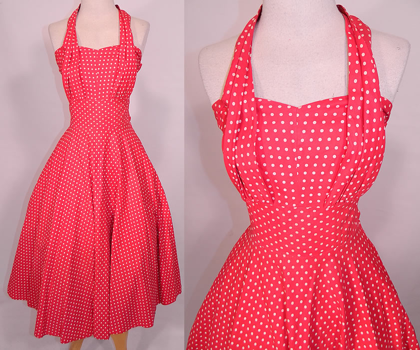 Vintage Princess Peggy Red & White Polka Dot Print Cotton Circle Skirt Halter Dress. This vintage Princess Peggy red and white polka dot print cotton circle skirt halter dress dates from the 1950s. It is made of a red cotton fabric with a white polka dot novelty print. 