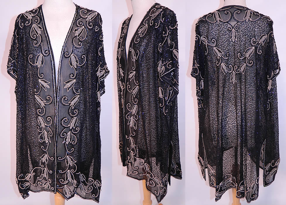 Vintage Black Net Sequin Rhinestone Pearl Beaded Evening Coat Long Jacket Top. This vintage black net sequin rhinestone pearl beaded evening coat long jacket top dates from the 1940s. It is made of a sheer stiffened black net fabric completely covered with black sequins, pearl, rhinestone, crystal silver, black beading done in an Art Deco scroll work tulip design.