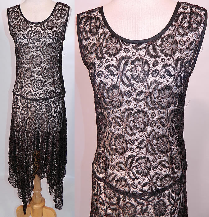 Art Deco Black Gold Lam&eacute; Lame Lace Handkerchief Skirt Drop Waist Dress. This amazing Art Deco vintage black gold lam&eacute; lace handkerchief skirt drop waist dress dates from the 1920s. It is made of a sheer black lace fabric with gold metallic lam&eacute; thread woven through it outlining the polka dot, floral leaf pattern design.