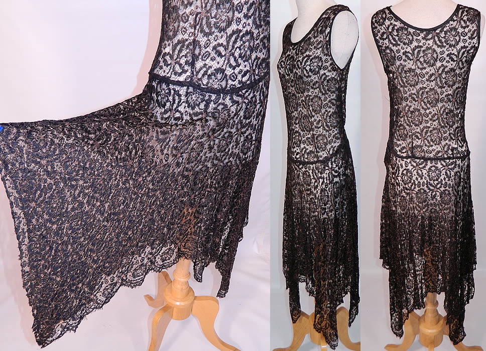 Art Deco Black Gold Lam&eacute; Lame Lace Handkerchief Skirt Drop Waist Dress. This fabulous flapper style drop waist dress is sleeveless, with a rounded scoop neckline, an uneven handkerchief hemline full skirt, side snap closures and a is sheer, unlined. 