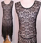 Vintage Art Deco Black Gold Lam&eacute; Lame Lace Handkerchief Skirt Drop Waist Dress