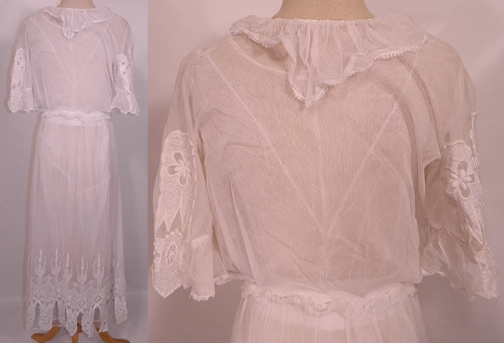 Edwardian White Net Embroidered Lace Scalloped Skirt Hem Graduation Wedding Dress. The dress measures 51 inches long, with 36 inch hips, a 24 inch waist and 34 inch bust. It is in good condition. This is a wonderful piece of antique textile art which could be worn as a wedding gown, or graduation summer tea dress!