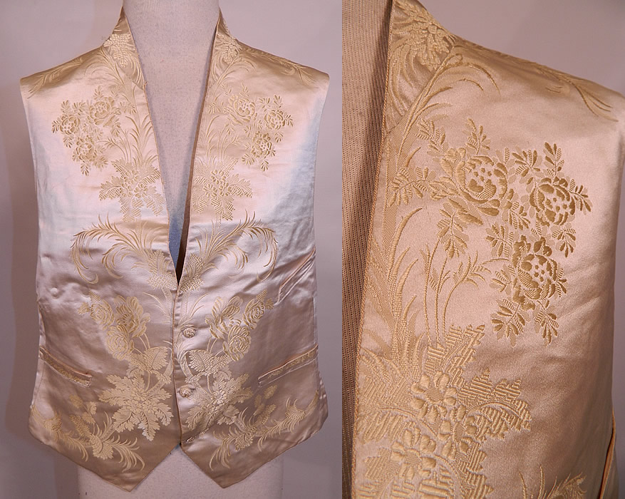 Victorian Gentlemen's White Silk Damask Floral Brocade Wedding Waistcoat Vest. This antique Victorian era gentlemen's white silk damask floral brocade wedding waistcoat vest dates from the 1850s. 