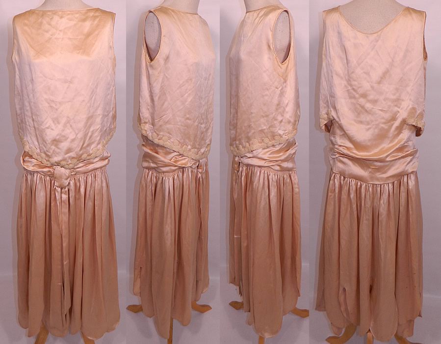 Vintage Cream Silk Pearl Beaded Handkerchief Scalloped Skirt Drop Waist Wedding Dress. This vintage cream silk pearl beaded handkerchief scalloped skirt drop waist wedding dress dates from the 1920s. It is made of a cream color silk satin fabric, with pearl beaded trim along the bottom top. 