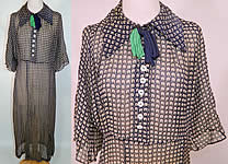 Vintage Blue & Green Silk Chiffon Novelty Print Batwing Sleeve Day Dress